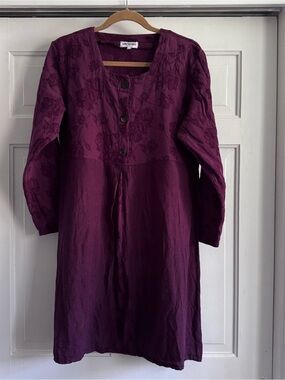 Aly Wear Vintage Linen Cotton Dress Size L Magenta Embroidered Flower Detail